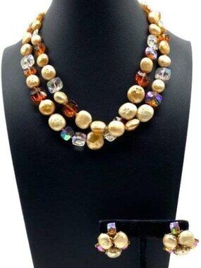 Vogue Necklace & Earrings Set 1950s Signed Vintage Baroque AB Double Strand